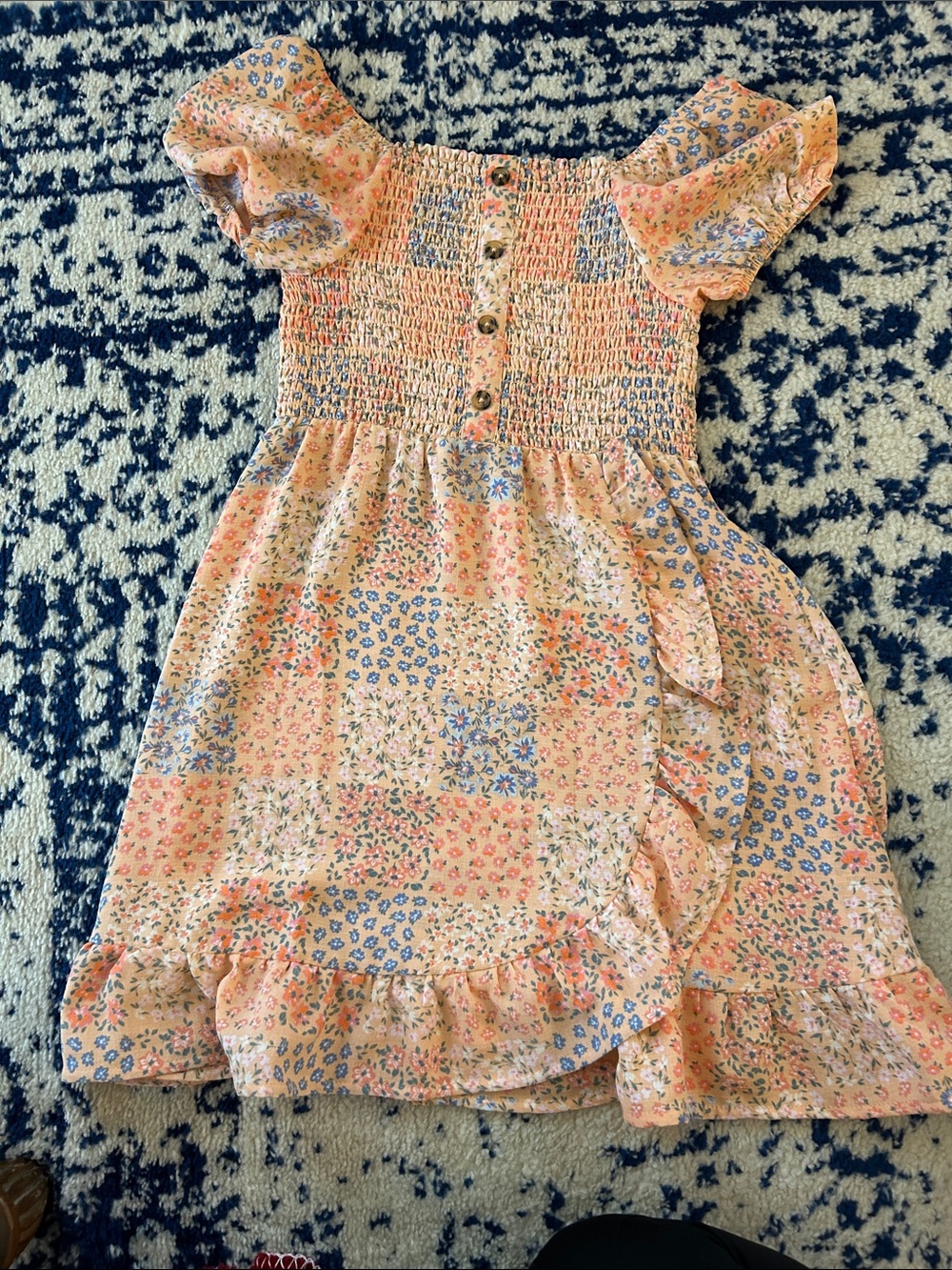 Girls Peach Floral Smocked Sundress